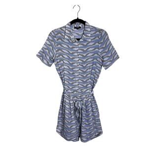 Womens FRNCH Collared Tie-Waist Button-Front Romper Blue Printed Viscose Size XS